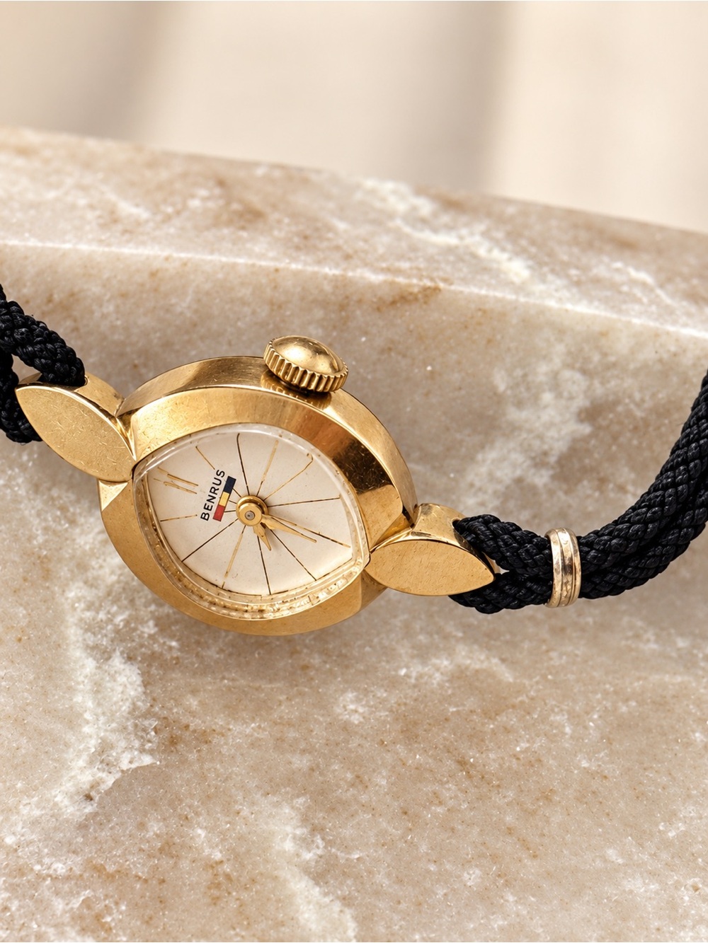 Vintage Benrus Ladies Mechanical Watch Gold Tone Black Cord Dainty Jewelry 10k